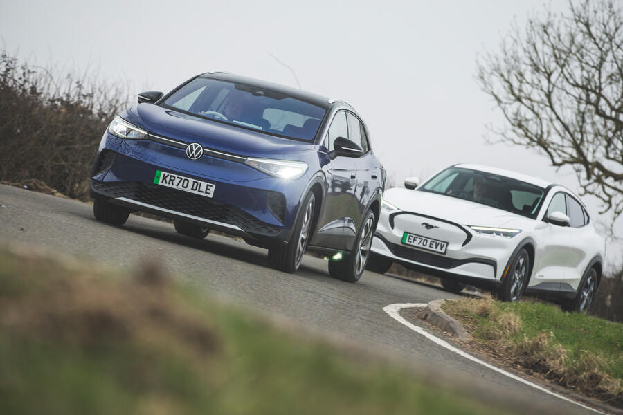 98 Mustang mach e id 4 polestar 2 triple test 2021 cornering front