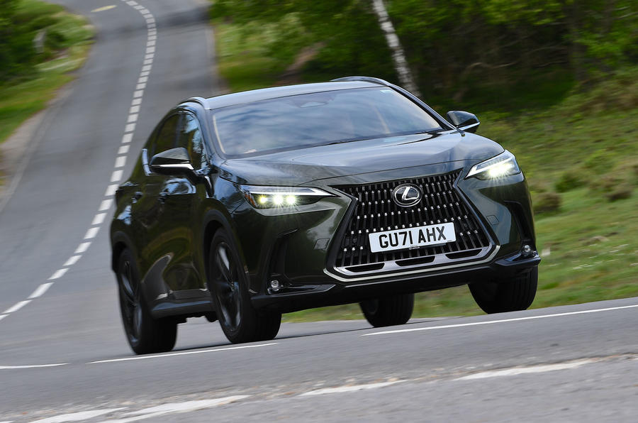 Lexus NX 450h front quarter tracking 2022