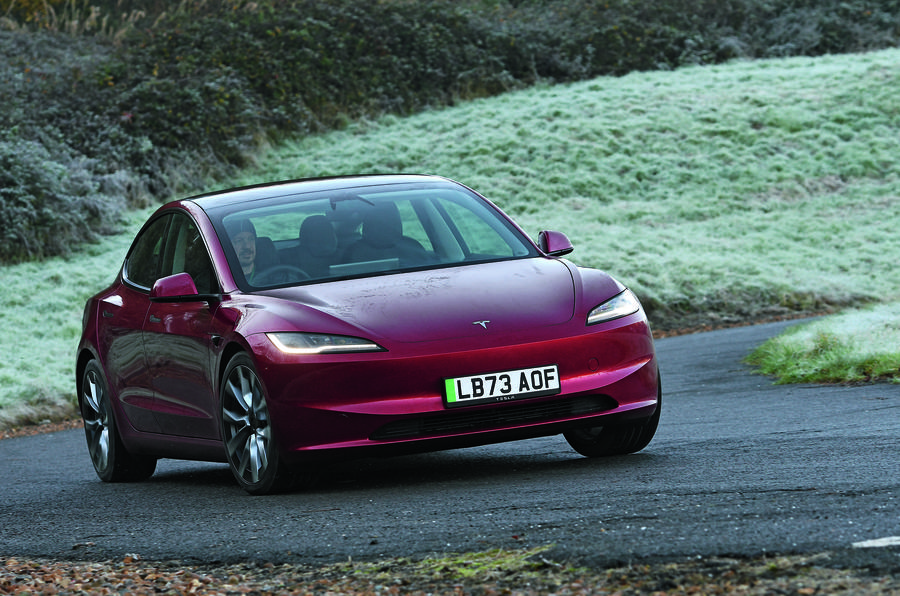 Tesla Model 3 cornering in icy weather